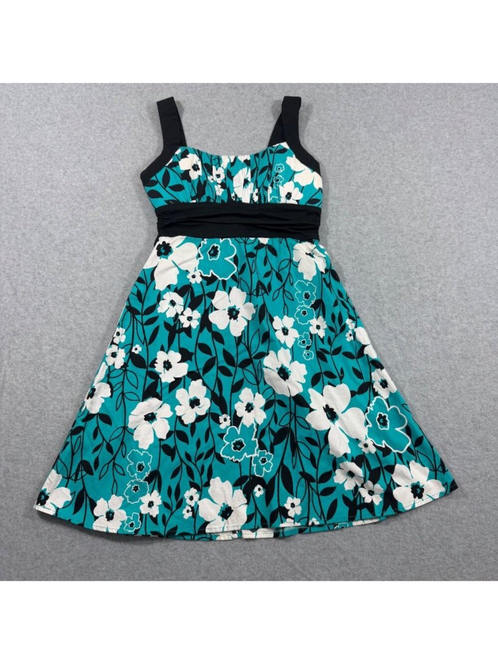 B Smart Women Floral Fit Flare Dress 6 Petite Teal Black White Sleeveless